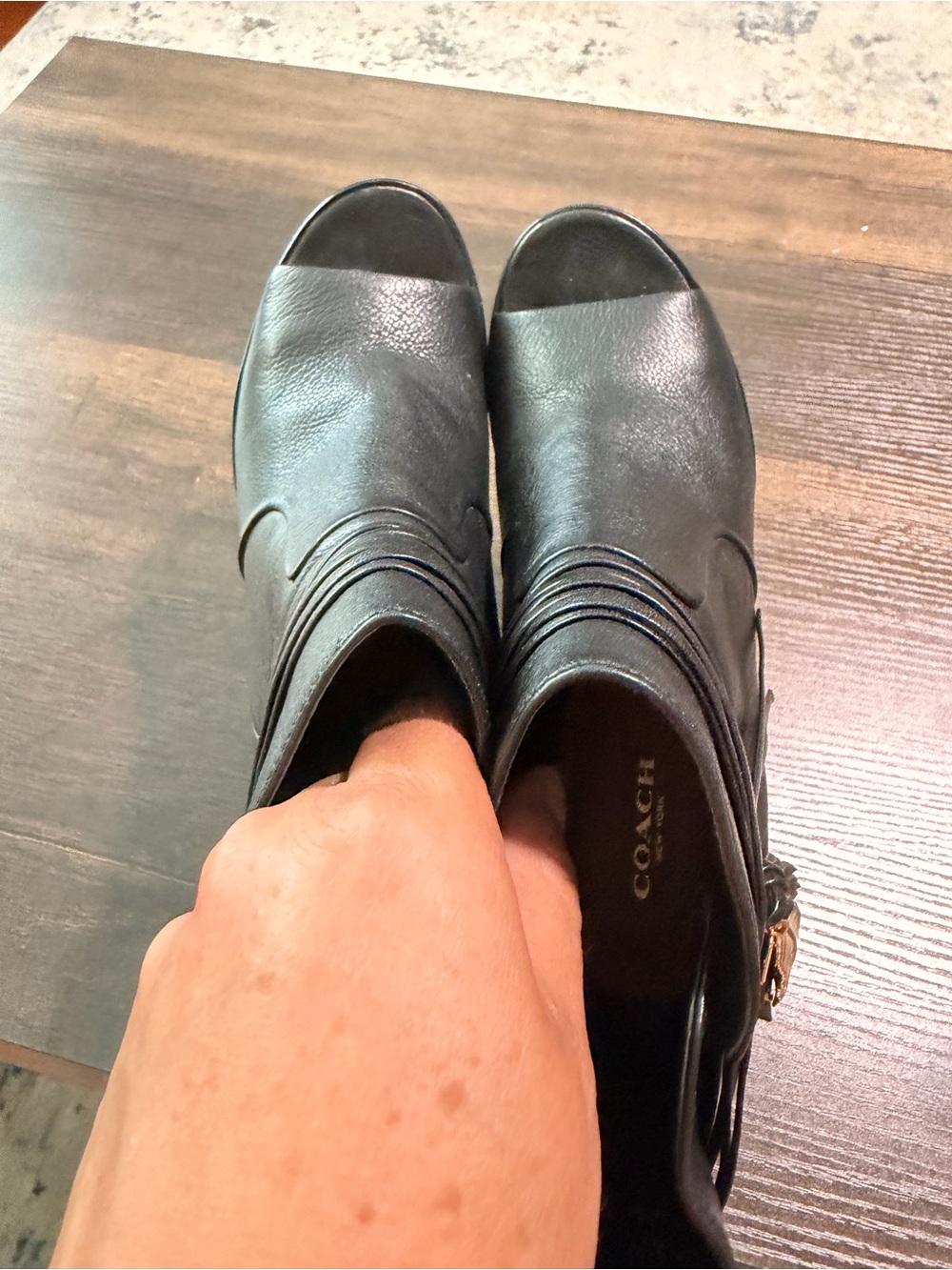 Coach Black Leather Fringe Ankle Heels with Gold Feather Charm - Picture 8 of 8